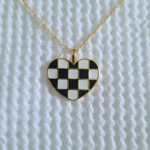 Rachel Zoe Black🖤 and White Checkered Enamel Heart♥️ Pendant Necklace - NWT - Picture 16 of 16